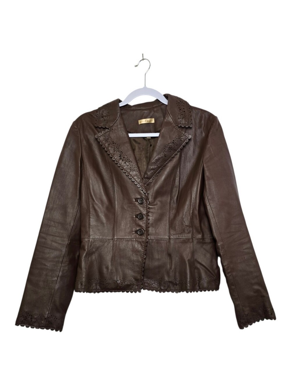 Wilson's Leather Dark Brown Genuine Leather Blazer Laser-Cut Scalloped Sz M